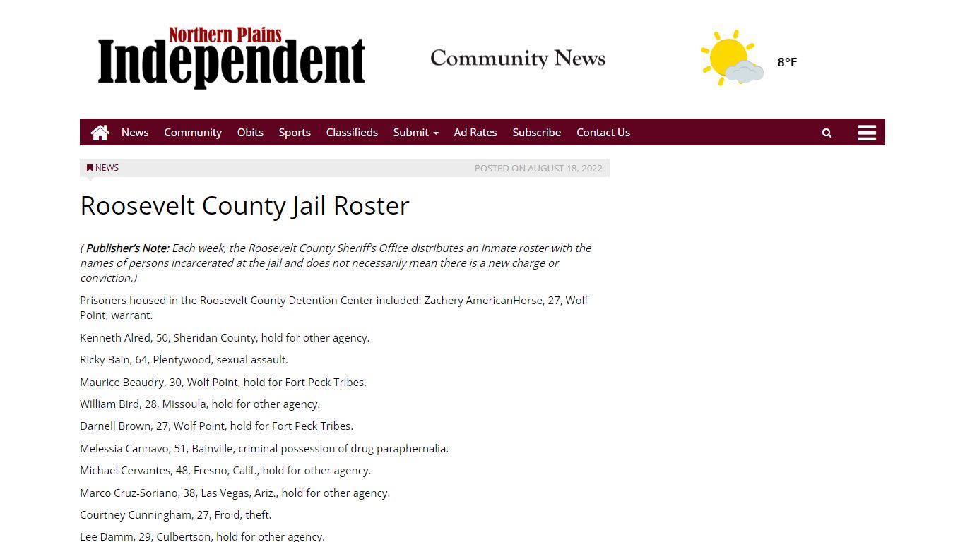 Roosevelt County Jail Roster – Northern Plains Independent