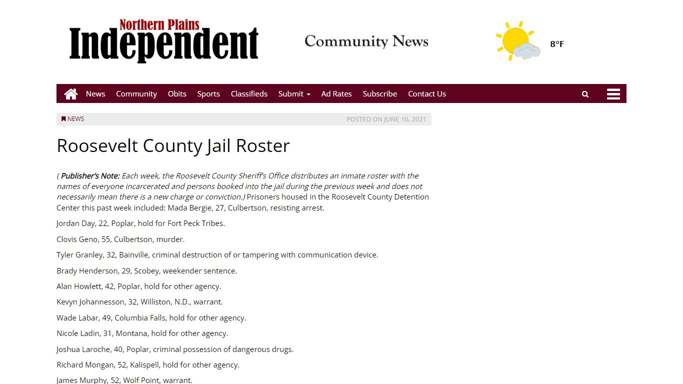 Roosevelt County Jail Roster – Northern Plains Independent